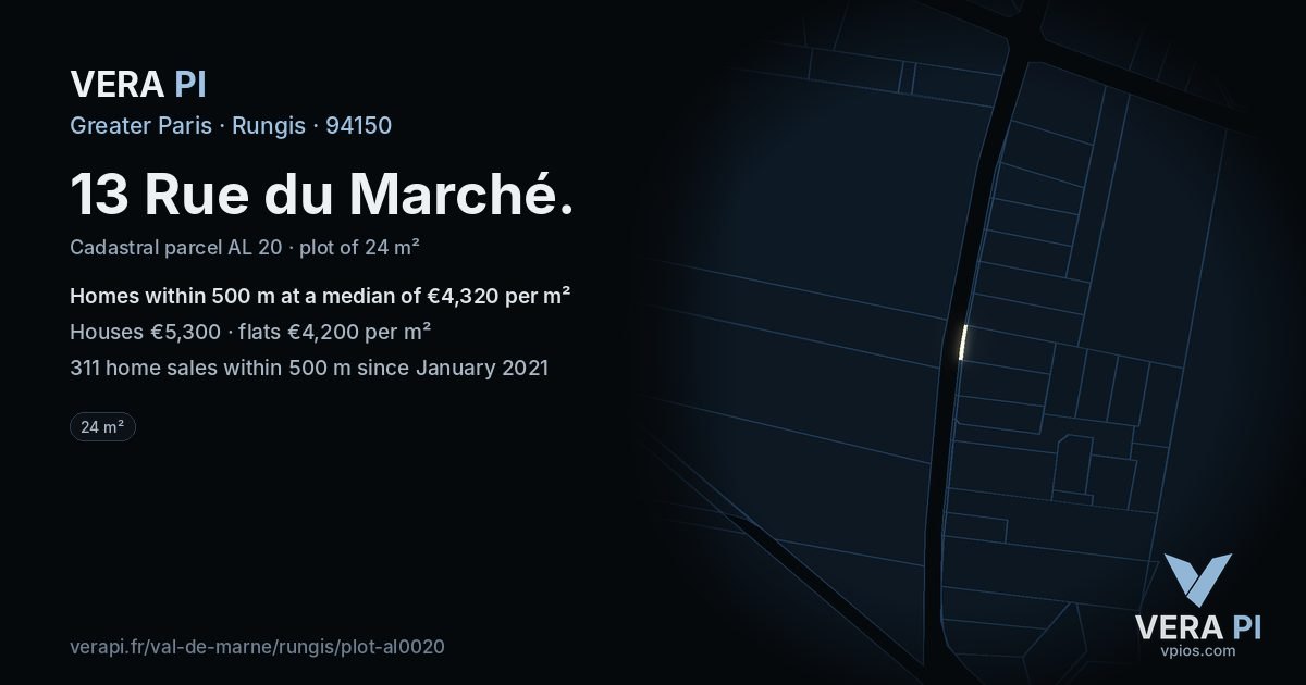 13 Rue du Marché, Rungis at night – the plot lit, the parcels around coloured by the prices near them