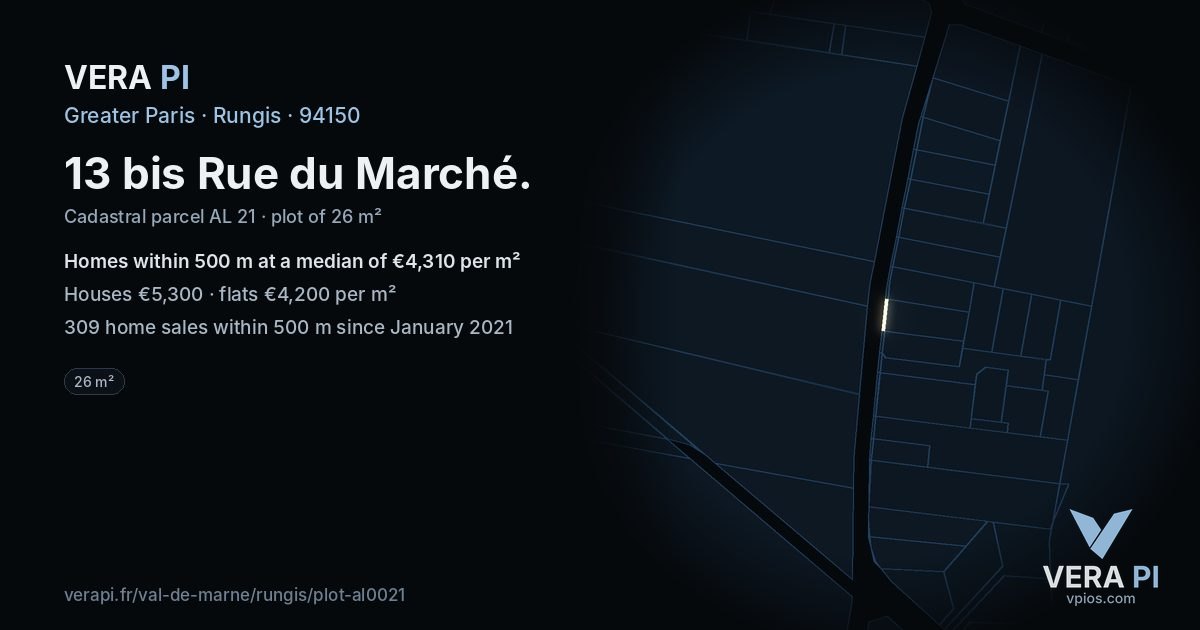 13 bis Rue du Marché, Rungis at night – the plot lit, the parcels around coloured by the prices near them