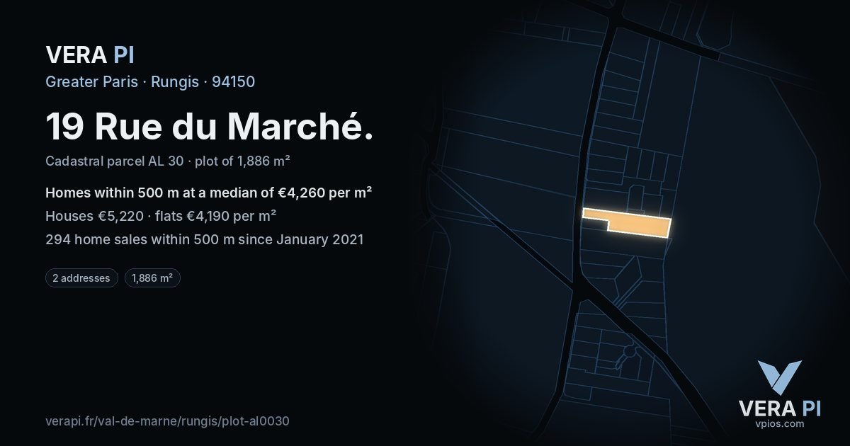 19 Rue du Marché, Rungis at night – the plot lit, the parcels around coloured by the prices near them