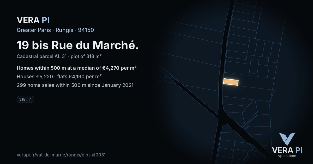 19 bis Rue du Marché, Rungis at night – the plot lit, the parcels around coloured by the prices near them