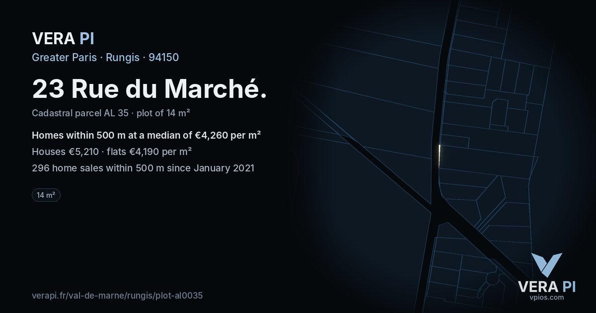 23 Rue du Marché, Rungis at night – the plot lit, the parcels around coloured by the prices near them