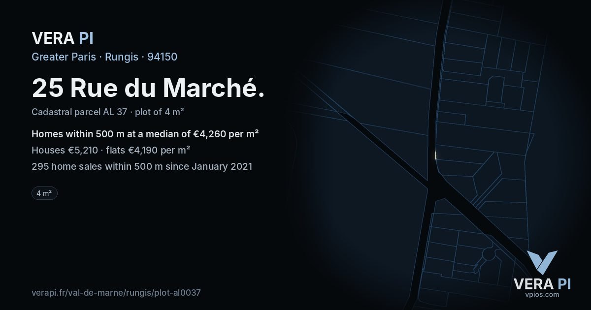 25 Rue du Marché, Rungis at night – the plot lit, the parcels around coloured by the prices near them
