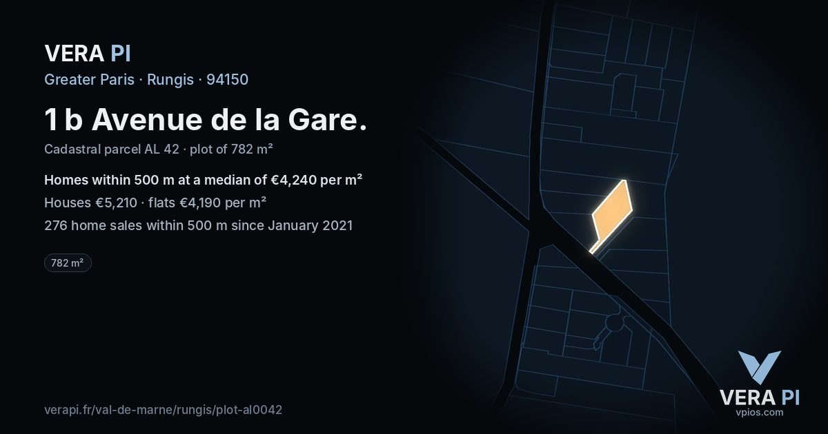 1 b Avenue de la Gare, Rungis at night – the plot lit, the parcels around coloured by the prices near them
