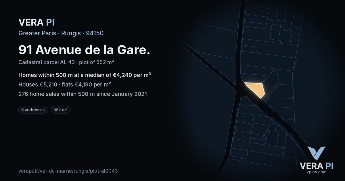 91 Avenue de la Gare, Rungis at night – the plot lit, the parcels around coloured by the prices near them