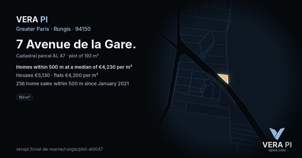 7 Avenue de la Gare, Rungis at night – the plot lit, the parcels around coloured by the prices near them