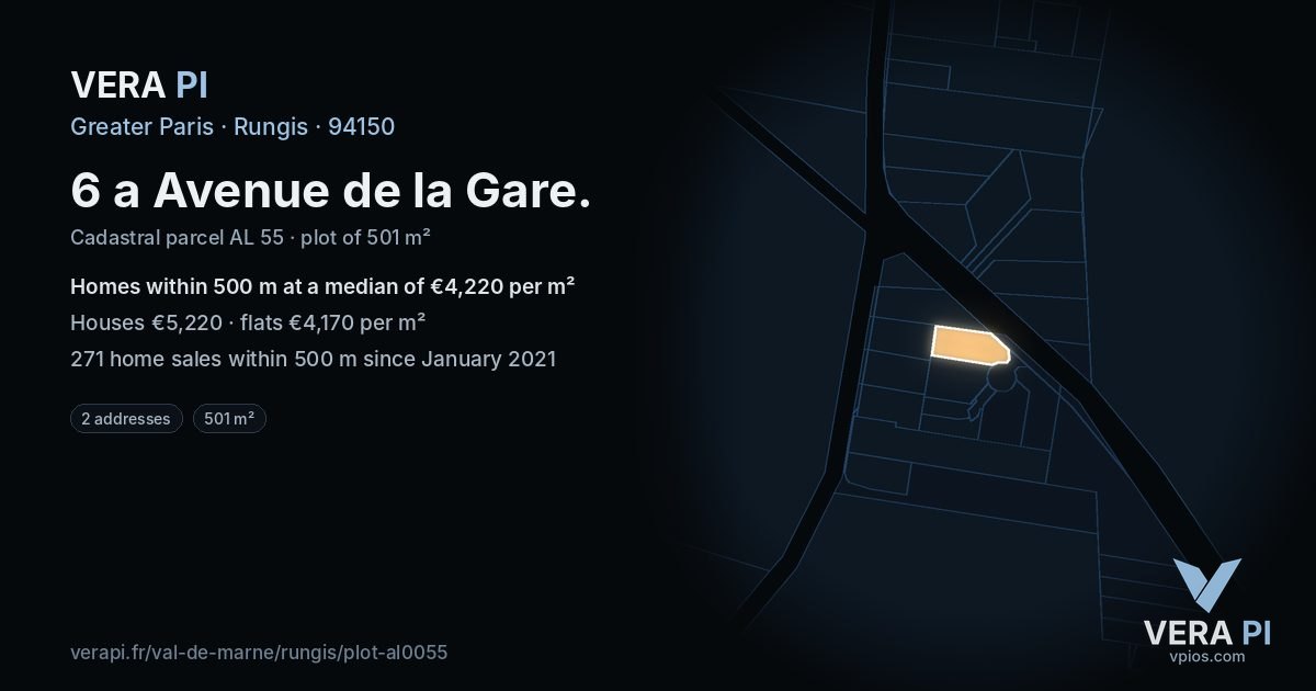 6 a Avenue de la Gare, Rungis at night – the plot lit, the parcels around coloured by the prices near them