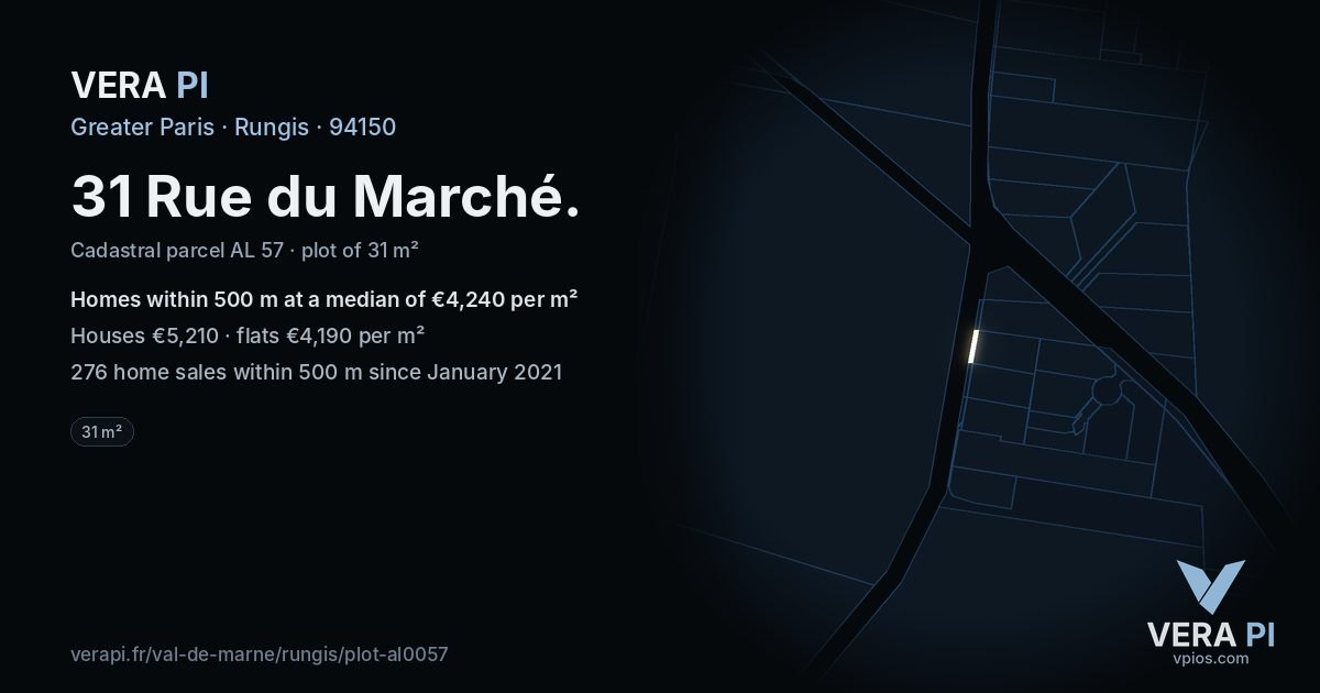 31 Rue du Marché, Rungis at night – the plot lit, the parcels around coloured by the prices near them