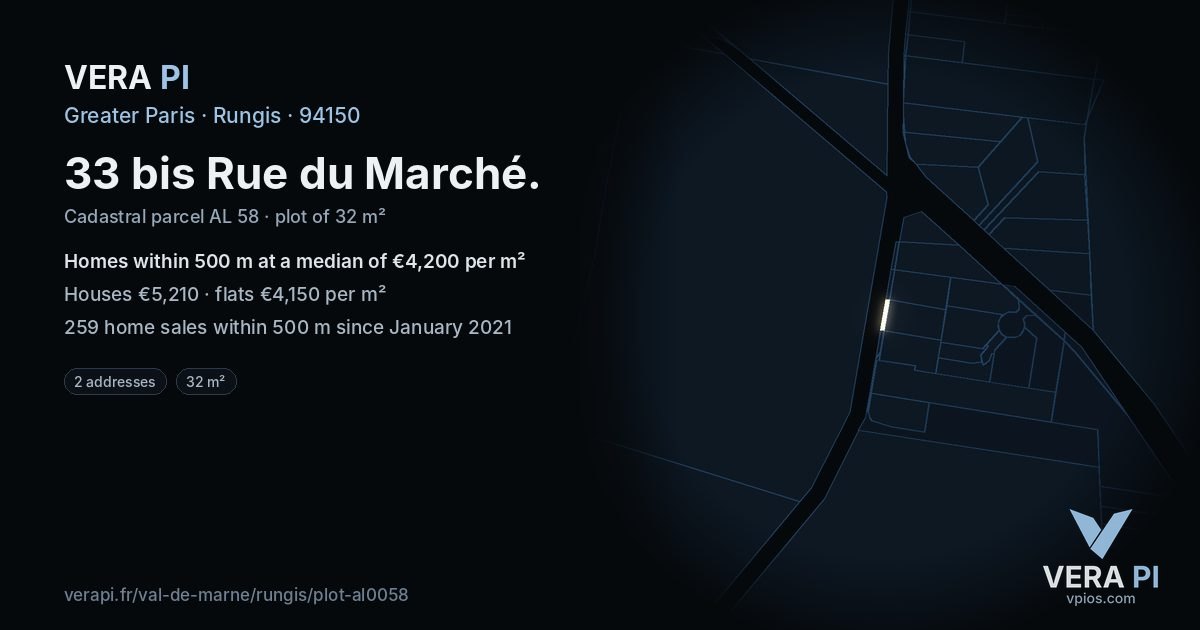 33 bis Rue du Marché, Rungis at night – the plot lit, the parcels around coloured by the prices near them