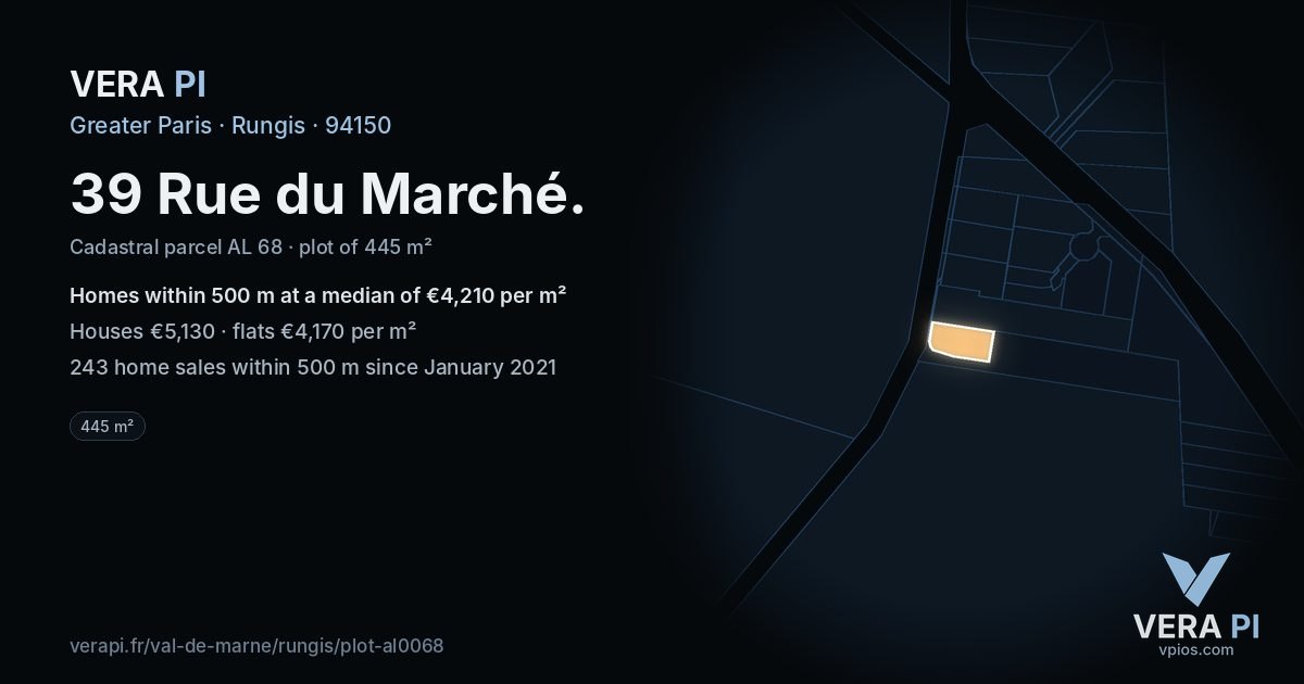39 Rue du Marché, Rungis at night – the plot lit, the parcels around coloured by the prices near them