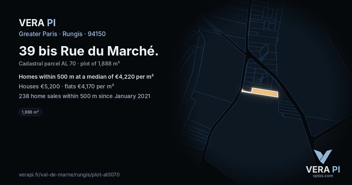 39 bis Rue du Marché, Rungis at night – the plot lit, the parcels around coloured by the prices near them