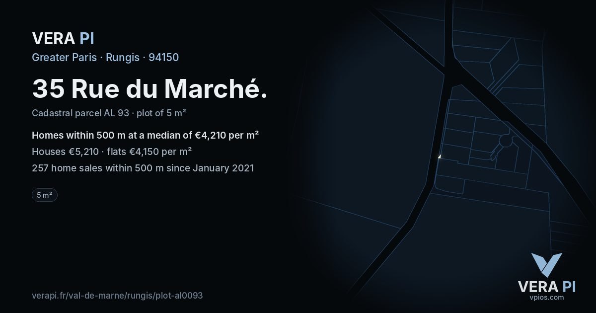 35 Rue du Marché, Rungis at night – the plot lit, the parcels around coloured by the prices near them