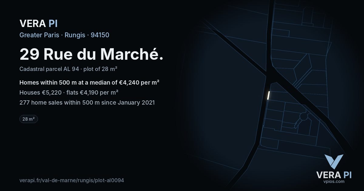 29 Rue du Marché, Rungis at night – the plot lit, the parcels around coloured by the prices near them