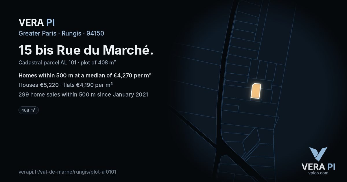 15 bis Rue du Marché, Rungis at night – the plot lit, the parcels around coloured by the prices near them