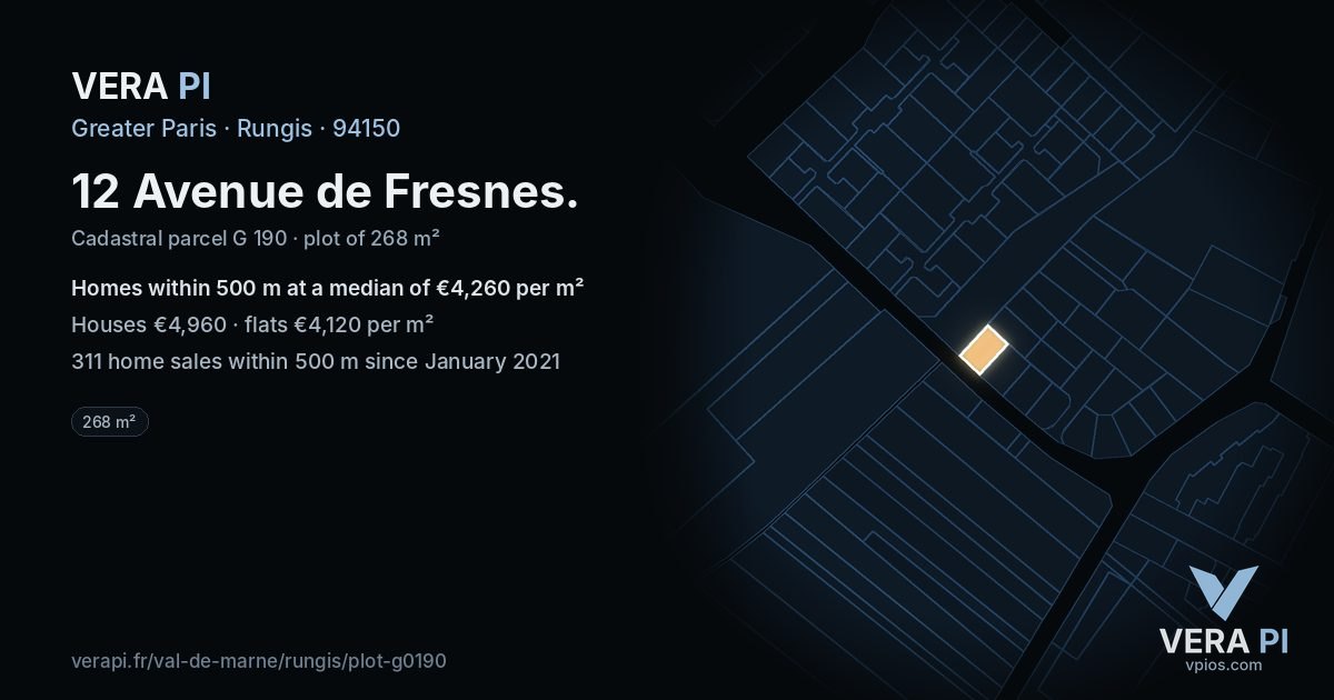 12 Avenue de Fresnes, Rungis at night – the plot lit, the parcels around coloured by the prices near them