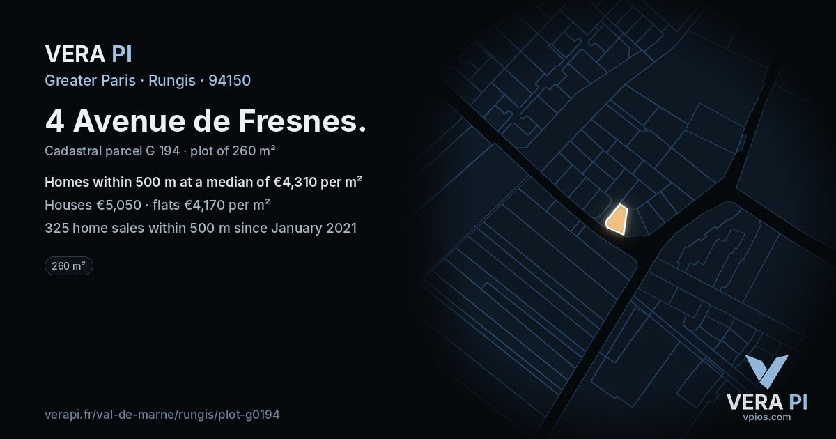4 Avenue de Fresnes, Rungis at night – the plot lit, the parcels around coloured by the prices near them