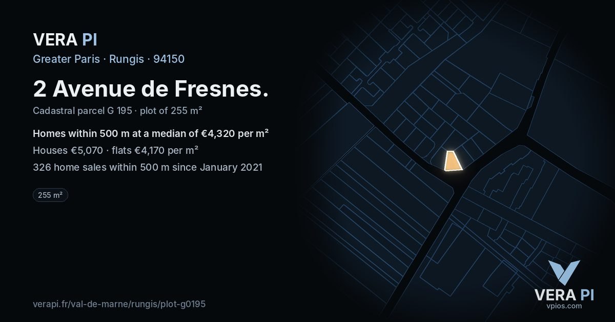 2 Avenue de Fresnes, Rungis at night – the plot lit, the parcels around coloured by the prices near them