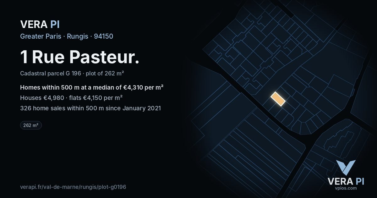 1 Rue Pasteur, Rungis at night – the plot lit, the parcels around coloured by the prices near them