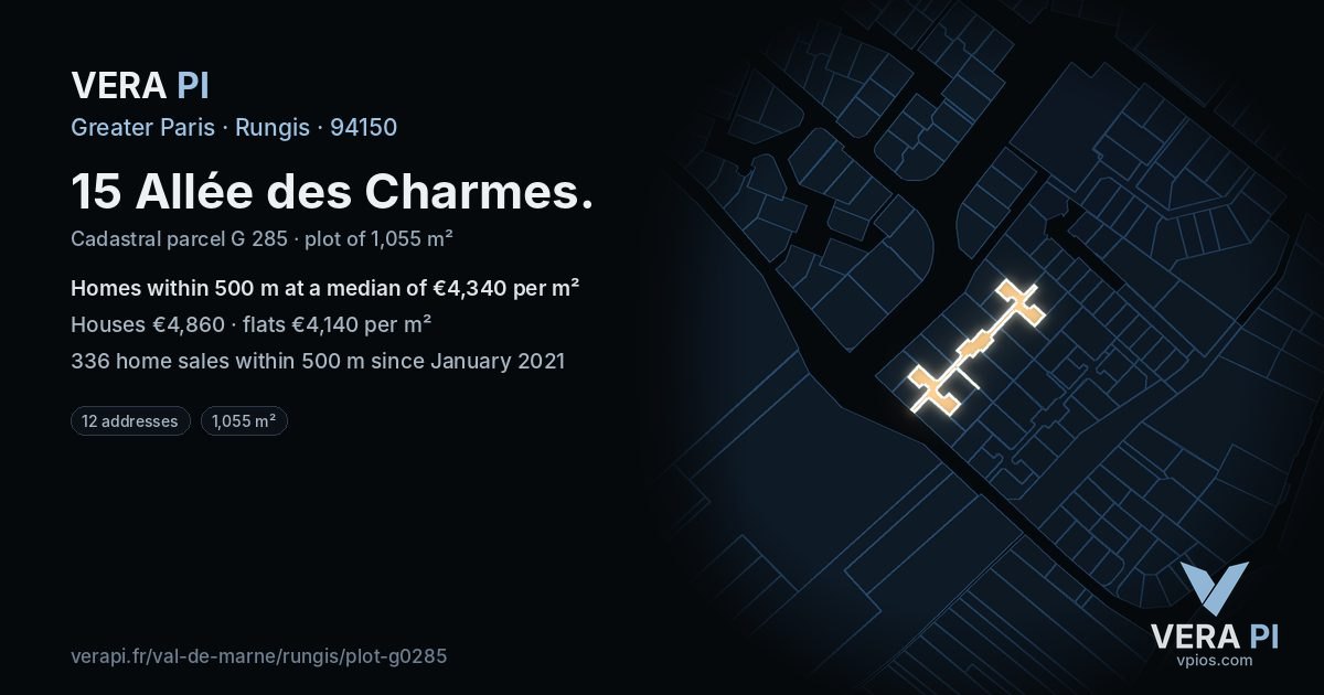 15 Allée des Charmes, Rungis at night – the plot lit, the parcels around coloured by the prices near them