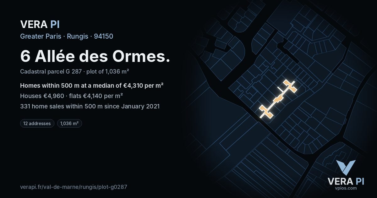 6 Allée des Ormes, Rungis at night – the plot lit, the parcels around coloured by the prices near them