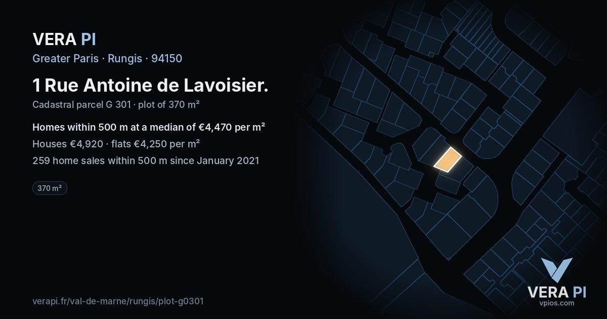 1 Rue Antoine de Lavoisier, Rungis at night – the plot lit, the parcels around coloured by the prices near them