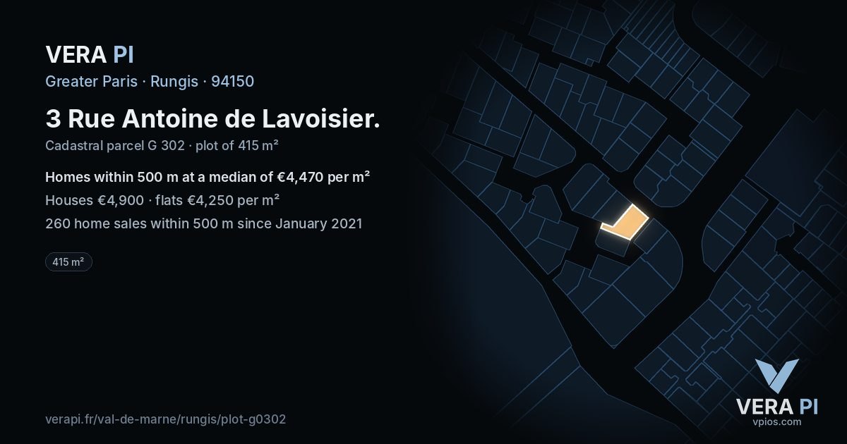 3 Rue Antoine de Lavoisier, Rungis at night – the plot lit, the parcels around coloured by the prices near them