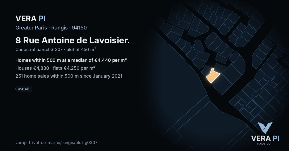 8 Rue Antoine de Lavoisier, Rungis at night – the plot lit, the parcels around coloured by the prices near them