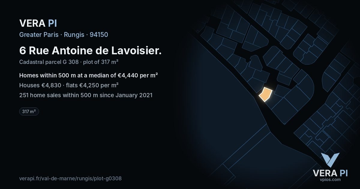 6 Rue Antoine de Lavoisier, Rungis at night – the plot lit, the parcels around coloured by the prices near them