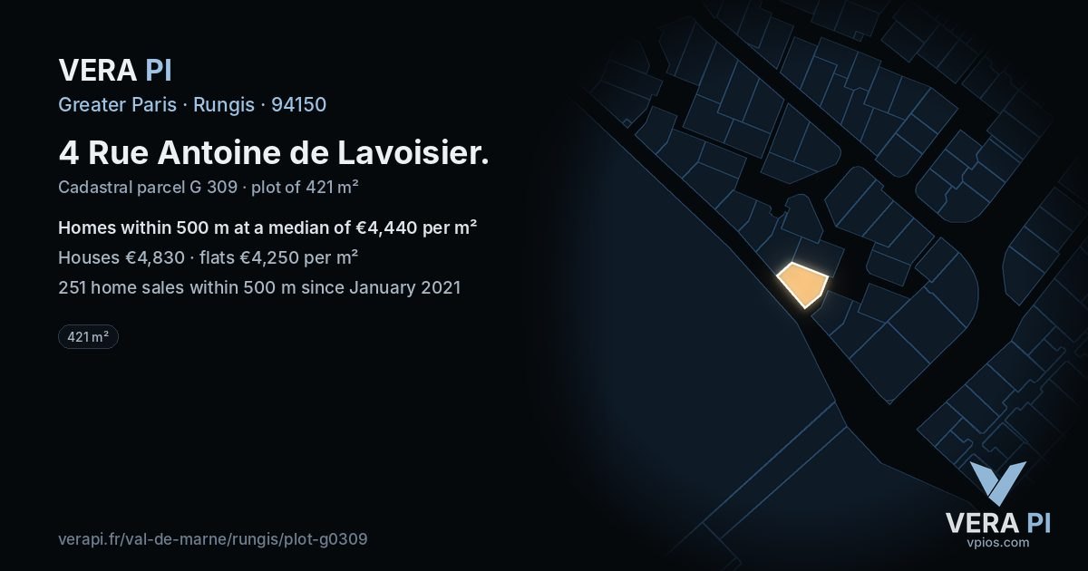 4 Rue Antoine de Lavoisier, Rungis at night – the plot lit, the parcels around coloured by the prices near them