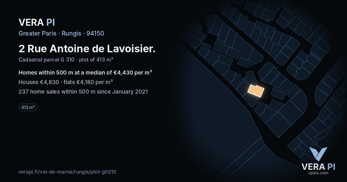 2 Rue Antoine de Lavoisier, Rungis at night – the plot lit, the parcels around coloured by the prices near them