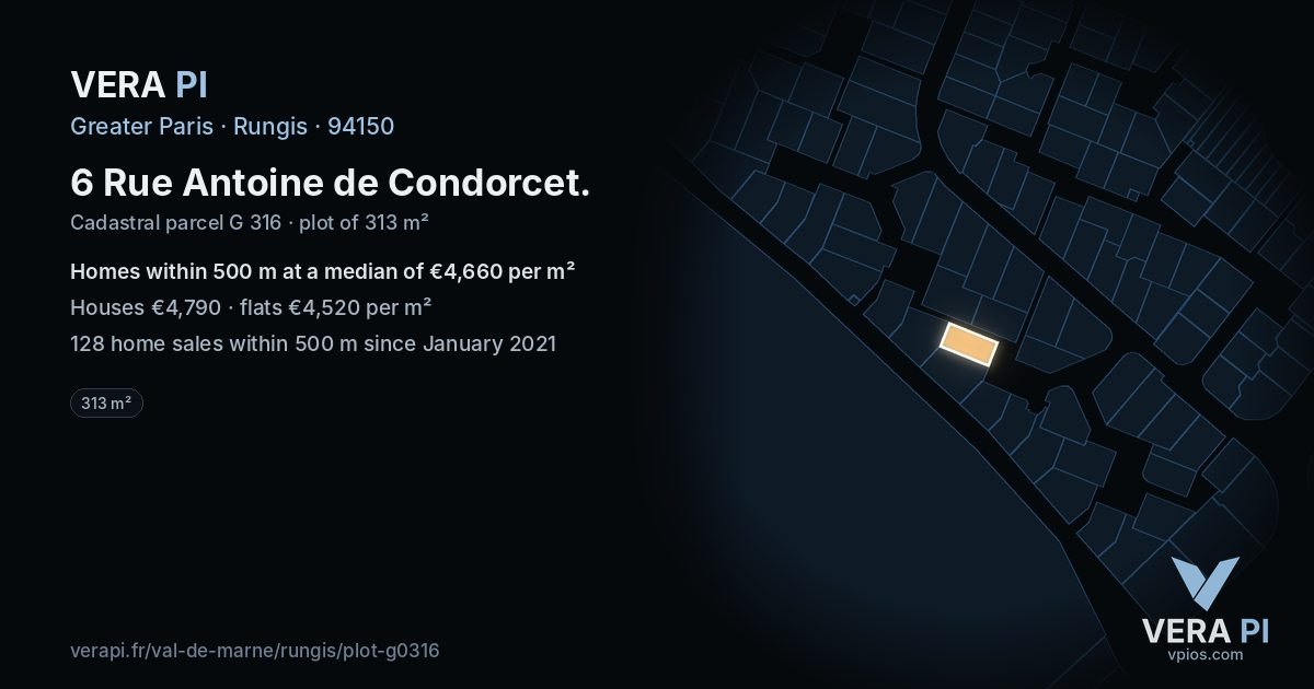 6 Rue Antoine de Condorcet, Rungis at night – the plot lit, the parcels around coloured by the prices near them