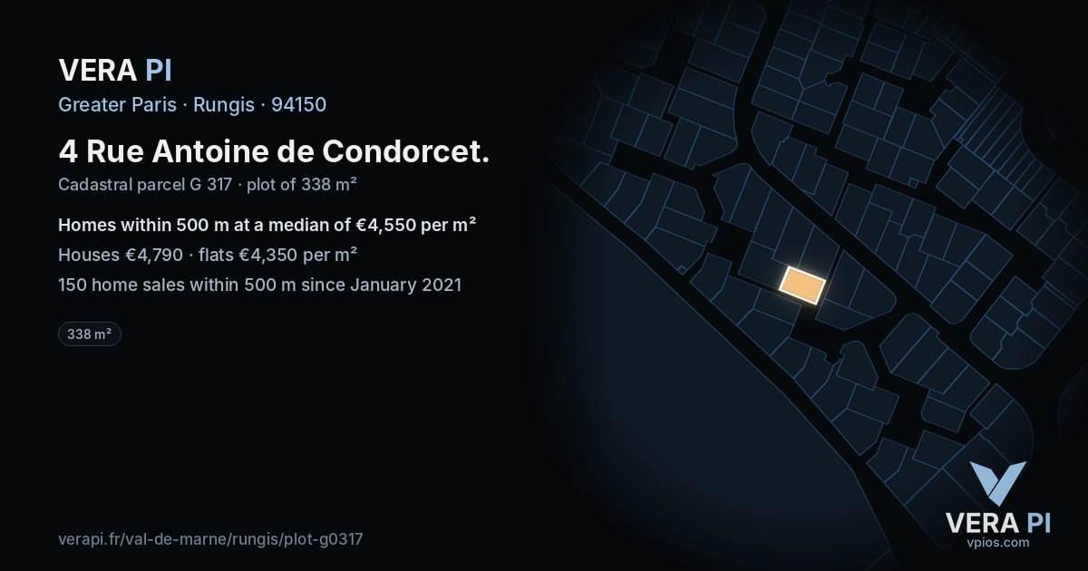 4 Rue Antoine de Condorcet, Rungis at night – the plot lit, the parcels around coloured by the prices near them