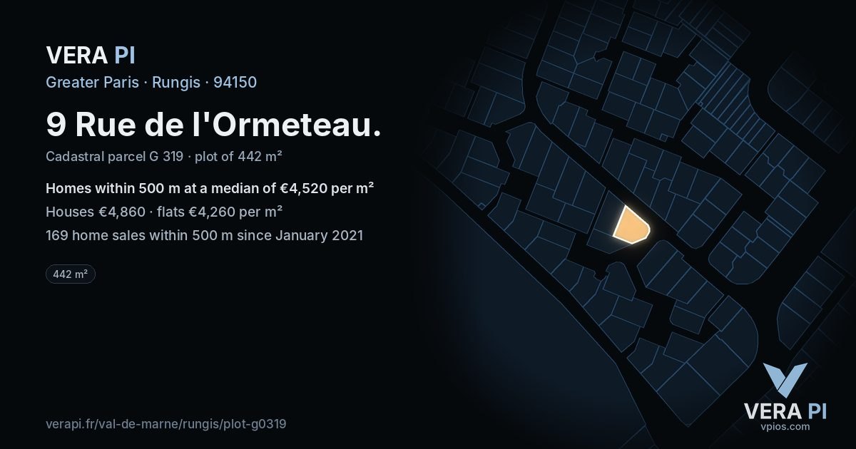 9 Rue de l'Ormeteau, Rungis at night – the plot lit, the parcels around coloured by the prices near them