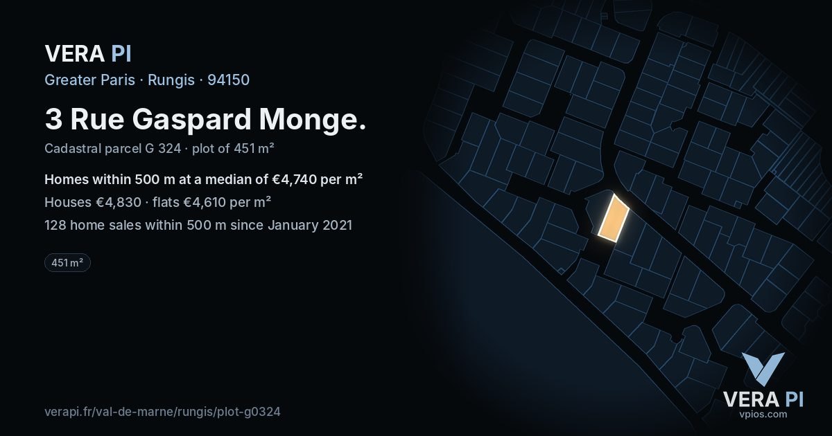 3 Rue Gaspard Monge, Rungis at night – the plot lit, the parcels around coloured by the prices near them