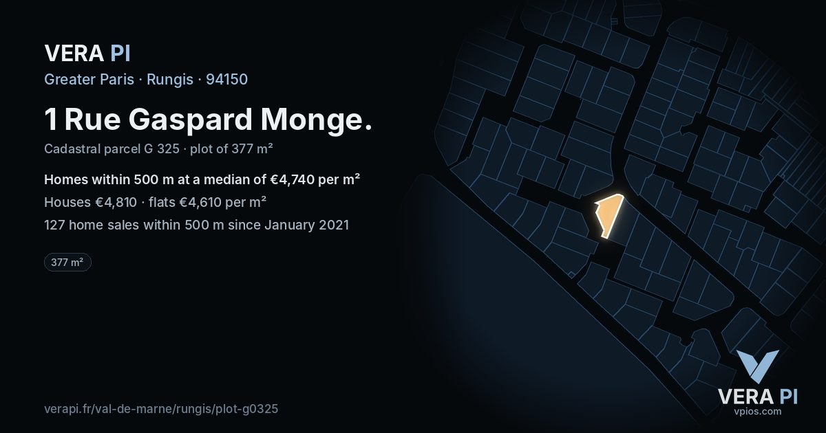1 Rue Gaspard Monge, Rungis at night – the plot lit, the parcels around coloured by the prices near them