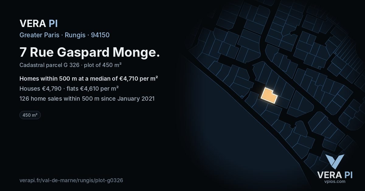 7 Rue Gaspard Monge, Rungis at night – the plot lit, the parcels around coloured by the prices near them