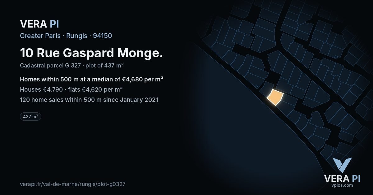 10 Rue Gaspard Monge, Rungis at night – the plot lit, the parcels around coloured by the prices near them