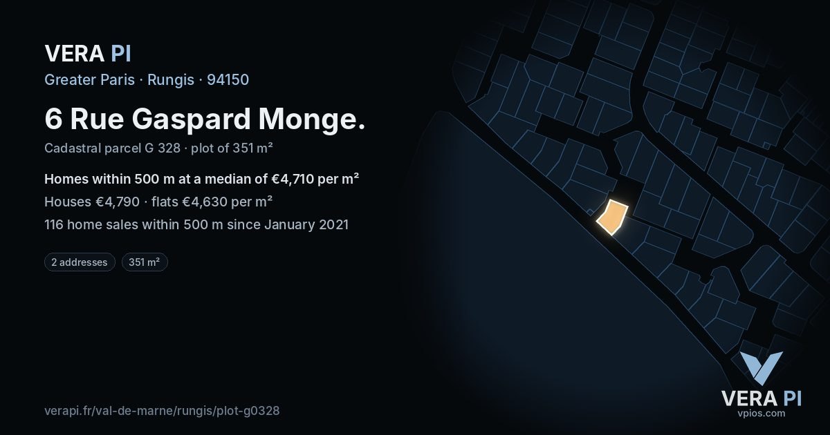 6 Rue Gaspard Monge, Rungis at night – the plot lit, the parcels around coloured by the prices near them