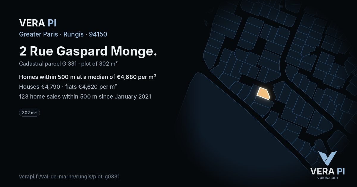 2 Rue Gaspard Monge, Rungis at night – the plot lit, the parcels around coloured by the prices near them