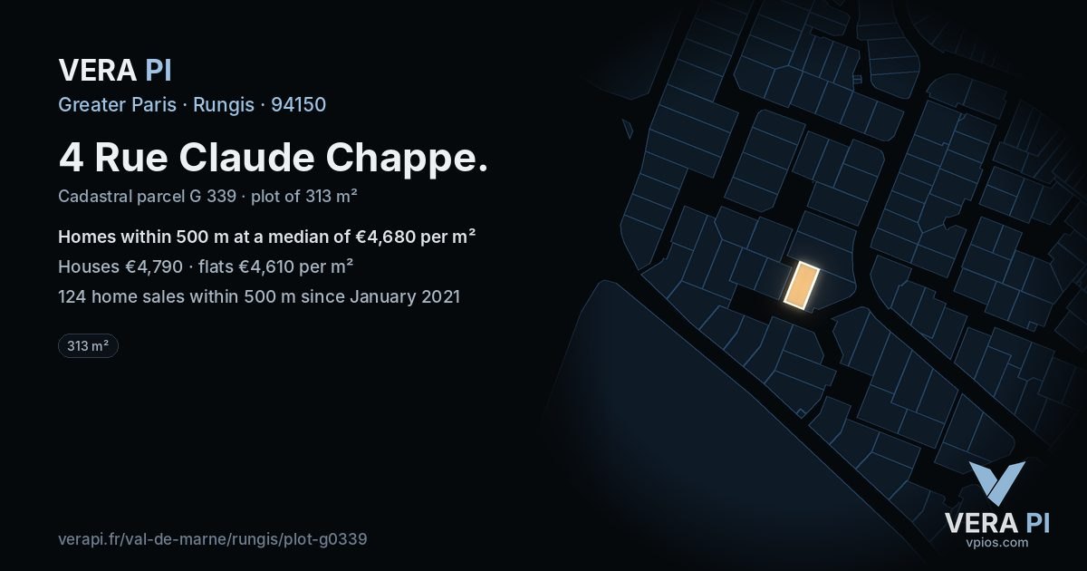 4 Rue Claude Chappe, Rungis at night – the plot lit, the parcels around coloured by the prices near them