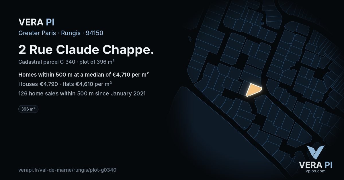 2 Rue Claude Chappe, Rungis at night – the plot lit, the parcels around coloured by the prices near them