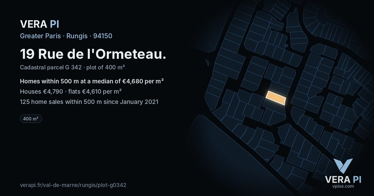 19 Rue de l'Ormeteau, Rungis at night – the plot lit, the parcels around coloured by the prices near them