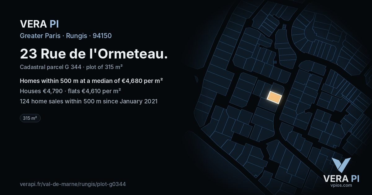 23 Rue de l'Ormeteau, Rungis at night – the plot lit, the parcels around coloured by the prices near them