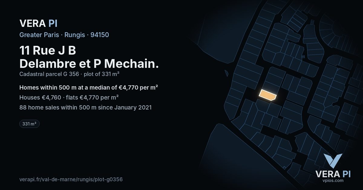 11 Rue J B Delambre et P Mechain, Rungis at night – the plot lit, the parcels around coloured by the prices near them