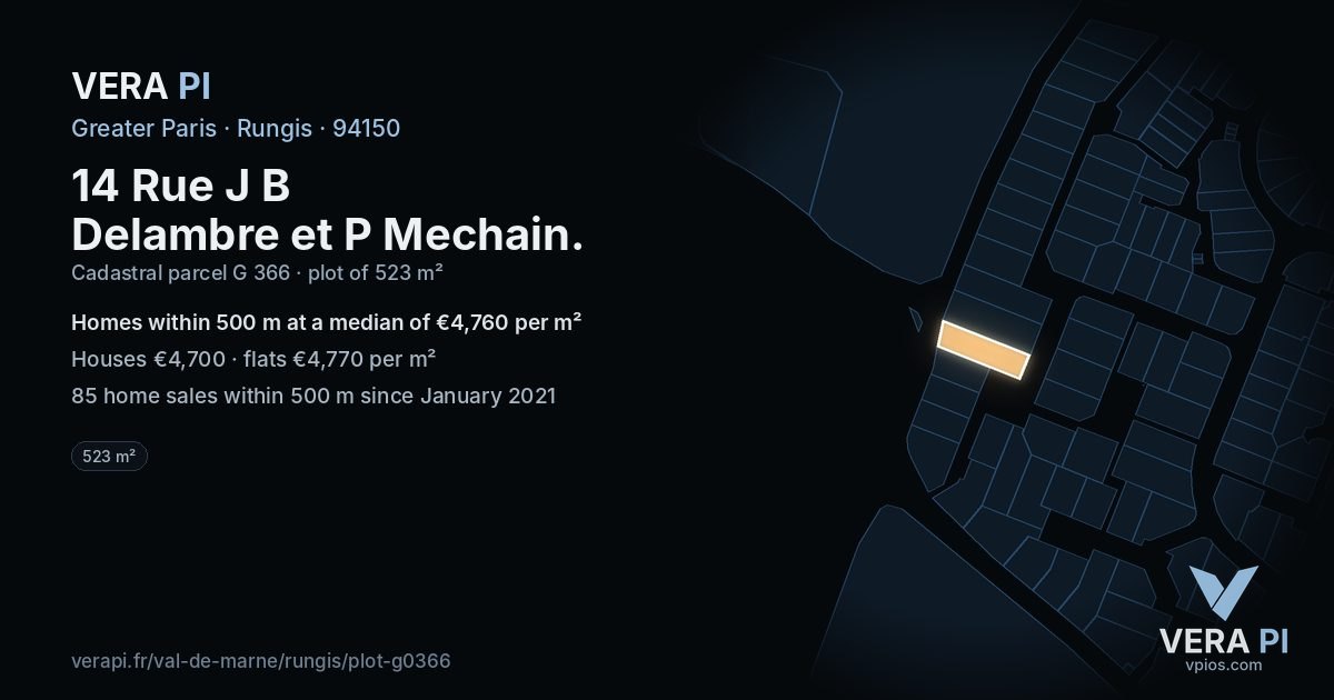 14 Rue J B Delambre et P Mechain, Rungis at night – the plot lit, the parcels around coloured by the prices near them