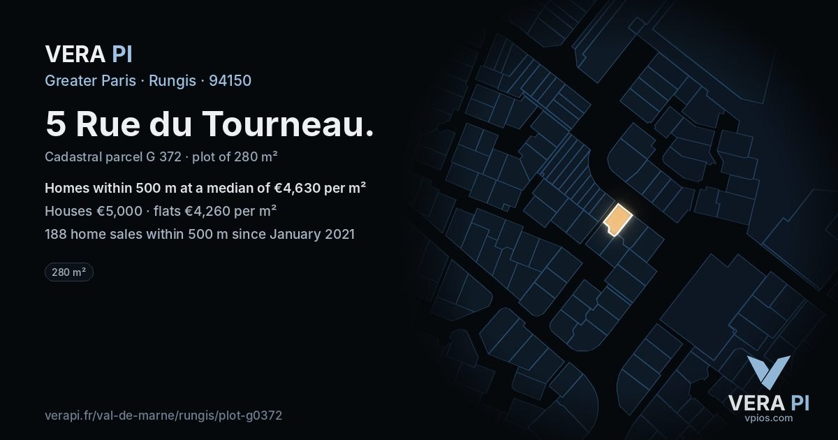 5 Rue du Tourneau, Rungis at night – the plot lit, the parcels around coloured by the prices near them