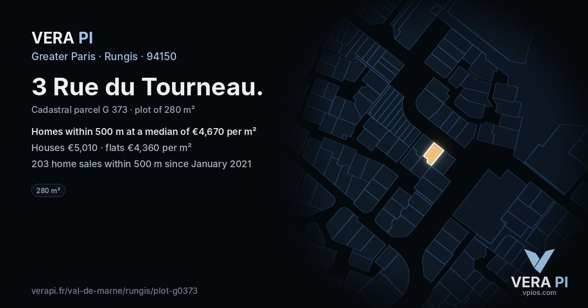 3 Rue du Tourneau, Rungis at night – the plot lit, the parcels around coloured by the prices near them