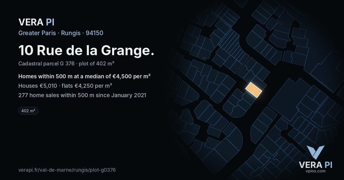 10 Rue de la Grange, Rungis at night – the plot lit, the parcels around coloured by the prices near them