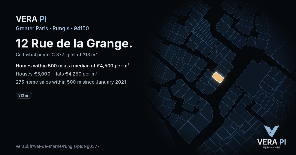 12 Rue de la Grange, Rungis at night – the plot lit, the parcels around coloured by the prices near them