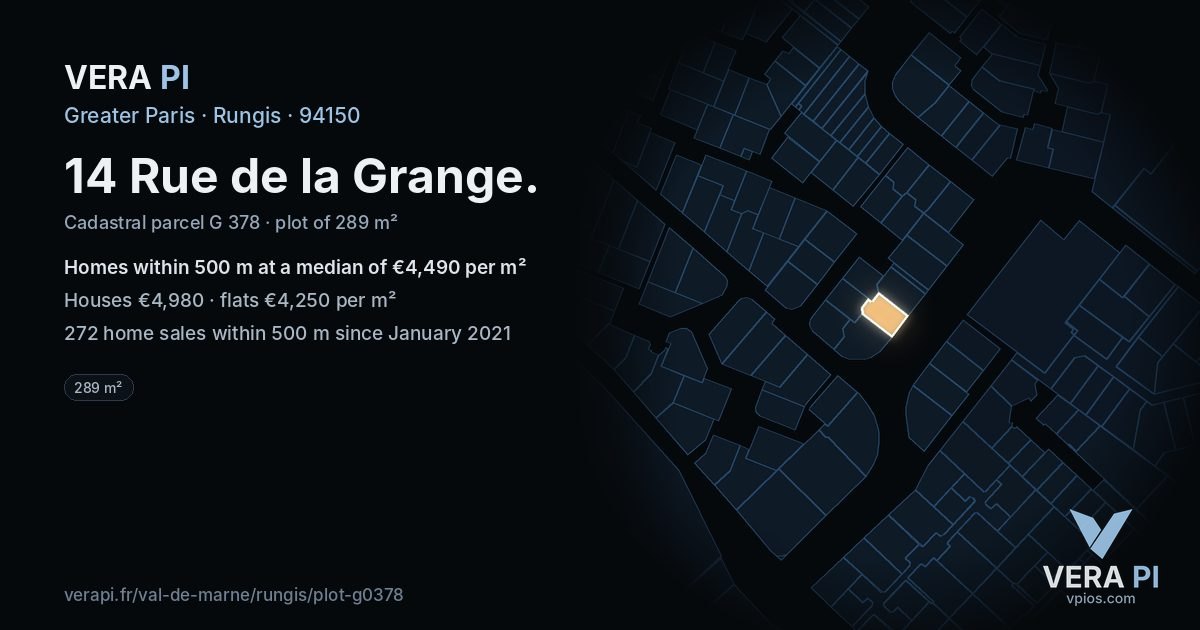14 Rue de la Grange, Rungis at night – the plot lit, the parcels around coloured by the prices near them