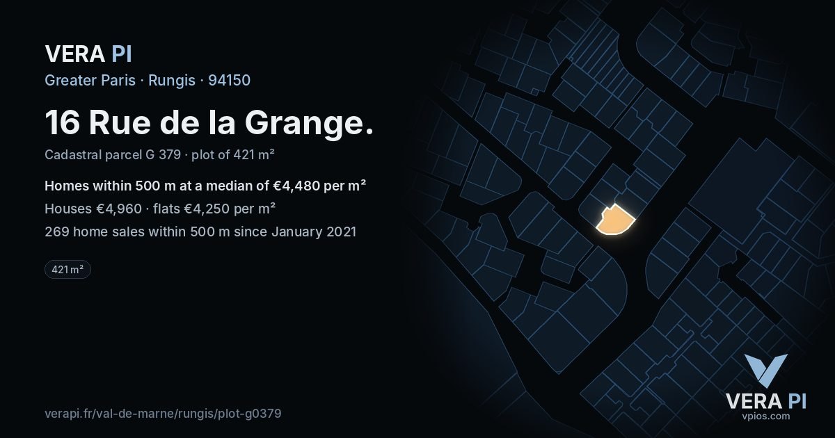 16 Rue de la Grange, Rungis at night – the plot lit, the parcels around coloured by the prices near them